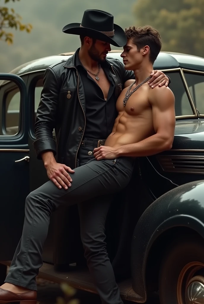 A handsome, beautiful, attractive 2 man wearing a hat and a black cowboy outfit getting out of a car with a handsome, cute, shirtless young man carrying the young man on a last night