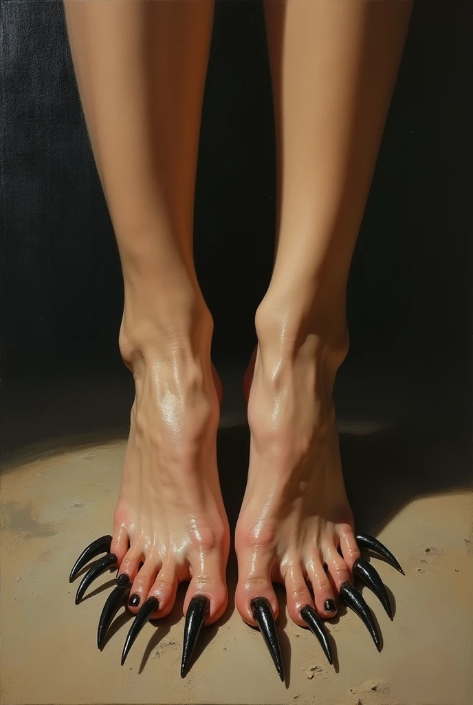 there is a woman with long toenails, a hyperrealistic painting inspired by Hedi Xandt, shutterstock, hyperrealism, long claws, sharp claws for feet, very long toenails, sharp detailed claws, shining claws, with claws, detailed claws, long toenails, sharp claws close up, claws