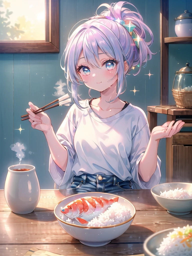 ((8k, Highest quality, masterpiece: 1.3)),Ultra-high resolution,(1 girl, alone), (Color changing eyes, Ultra-detailed, Expressive brilliance, Glitter, Glowing Eyes), Highly detailed eyes, Highly detailed face, Random Hair, ((pastel colour)The kitchen is filled with the soft glow of the late morning sun. She sits at a small wooden table, which is modestly set with a single, simple white ceramic bowl of steamed rice and a small dish of grilled fish. The utensils are basic, a pair of wooden chopsticks resting on a plain chopstick holder. She wears a casual white T-shirt and denim shorts, her hair loosely tied back. Her expression is one of serene contentment as she gently lifts a bite of fish to her mouth. Her eyes meet the camera with a calm, loving gaze, a small smile tugging at the corners of her lips, reflecting the quiet joy of sharing this peaceful moment.