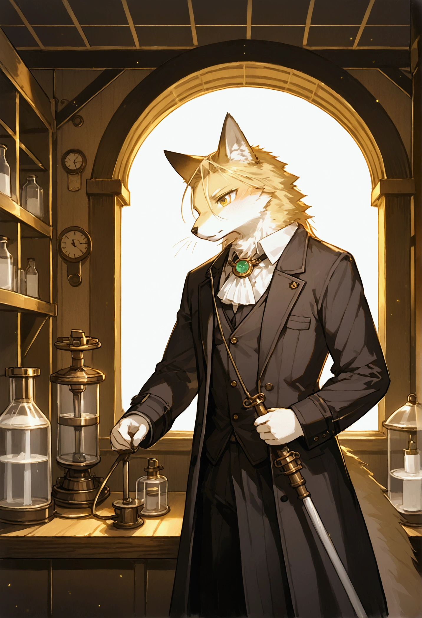 cover page, highres, top quality, best quality, paid reward available, unparalleled masterpiece, perfect artwork, absurdres, High-quality illustrations, super high resolution, detailed background, perfect anatomy(1boy, solo, kemono, furry anthro, alchemist, Experimenting)many pottery, in room with many windows, in cluttered lab, in steampunk laboratory, fantasy alchemist laboratory, weapon shop interior, cinematic lighting,