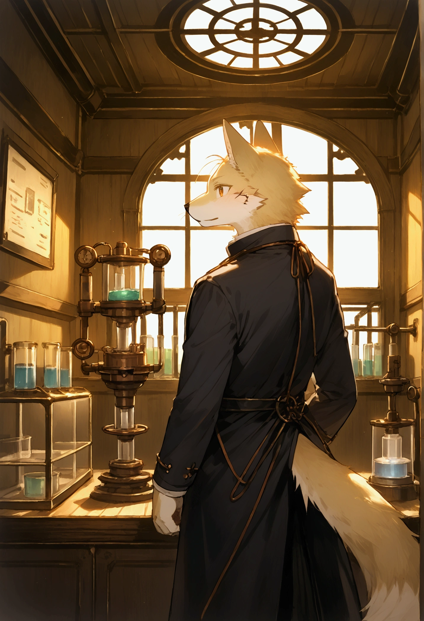 cover page, highres, top quality, best quality, paid reward available, unparalleled masterpiece, perfect artwork, absurdres, High-quality illustrations, super high resolution, detailed background, perfect anatomy(1boy, solo, kemono, furry anthro, alchemist, Experimenting)many pottery, in room with many windows, in cluttered lab, in steampunk laboratory, fantasy alchemist laboratory, weapon shop interior, cinematic lighting,