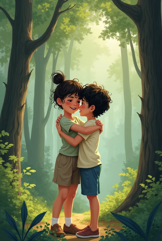 Can you generate an image of a white teenage girl with dark brown curly hair tied up hugging a white teenage boy with black curly hair under a tree?, no face showing, in a forest humanized drawing