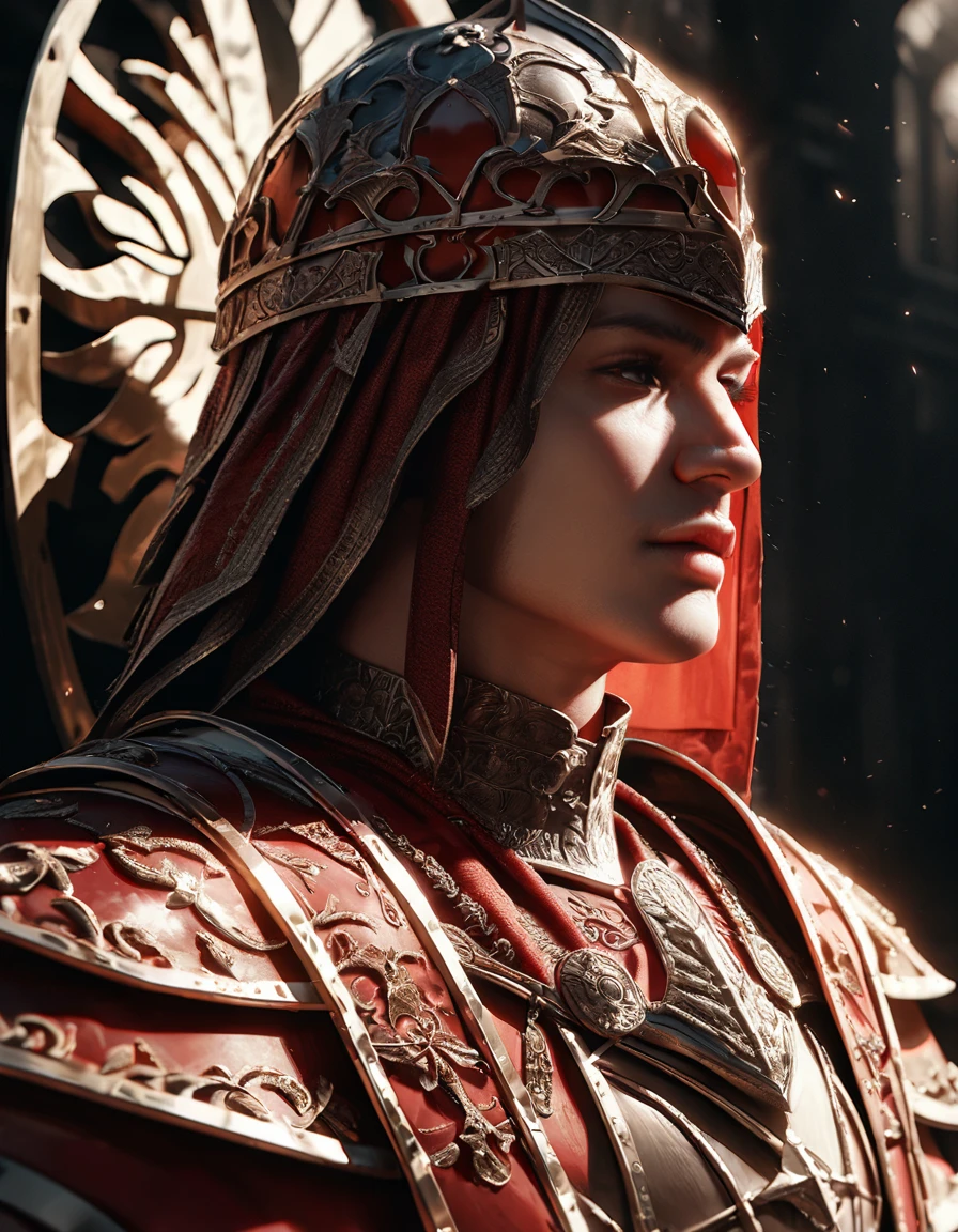 ((roman inspired color scheme)), ((lorica segmentata armor)), ((4th-century western roman inspired armor)), hope, ((iconic roman inspired armor, Galea helmet, crest, crest on top of Galea, Lorica musculata breastplate)), ((scutum shield, tower shield)), ((Full body portrait)), ((Roman inspired warrior)), (Royal roman soldier), (4th century armor), ((Red intricate details on armor)), photorealistic, hyperrealistic, 8k, high quality, cinematic, dramatic lighting, fantasy, uplifting atmosphere, intricate details, angelic, holy, mysterious, savior, peaceful, foreboding, calming, chiaroscuro, dramatic shadows, dramatic highlights