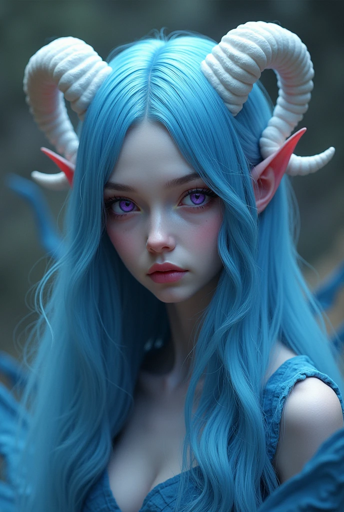 Androgynous man with long blue hair and white horns. purple eyes.
