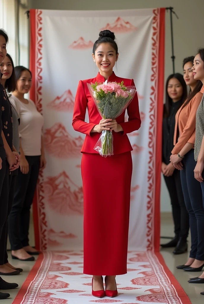 4D Cartoon Beautiful Indonesian Woman Age 30 Years, wearing traditional Indonesian clothes, red kebaya, under white Indonesian batik cloth with a red mountain wayang motif up to the ankles, wearing glasses, high heel shoes, bun, hold a bouquet of flowers in plastic packaging, happy smile, there is a banner with the writing, "Congratulations on the Promotion, Dr. Diah Dio", UHD, 16k, clear, flanked by 6 other people.. soft lighting, soft colors, results like photos from professional photographers.