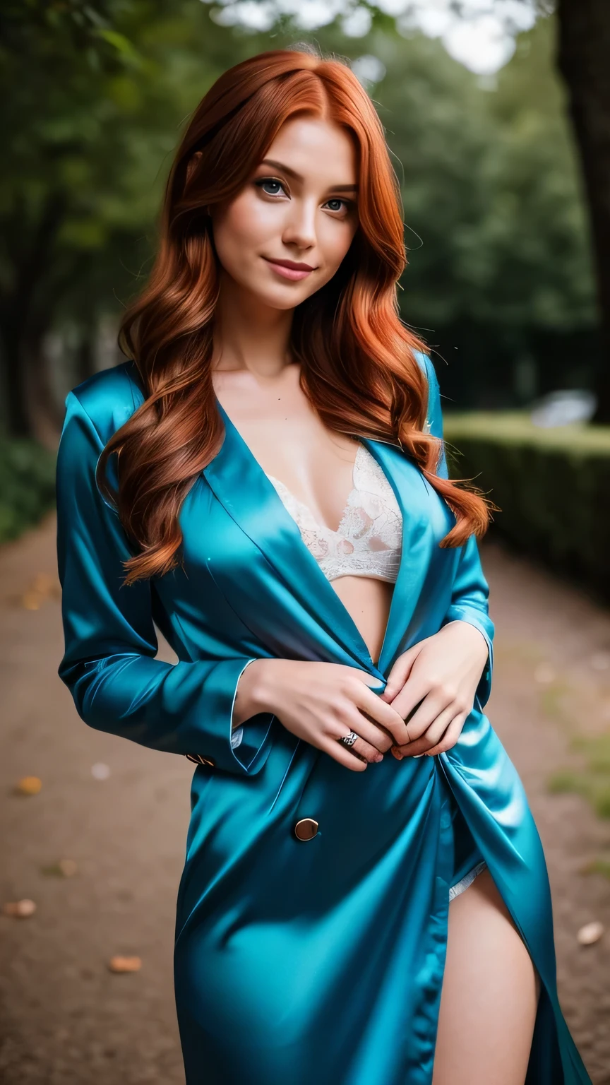 Realistic full body photo of a smiling, Young red-haired girl with long hair, She dances in front of the camera in a blue satin shirt with blazer., Park,glamour fotoshooting, Wedding celebration, perfect anatomy, perfect green eyes. Perfect hands with 5 fingers on each hand, Matching girl, looking at the camera, 1 Frau. (Eye make up:1.1), (highly detailed skin:1.1), spirit, analog style, keen focus, 8K  UHD, dslr, good quality, Fujifilm XT3, Grain, Award-winning, ​masterpiece. Wedding celebration