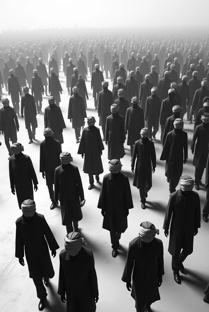 A black and white image and a blindfolded crowd, walking in different directions without a fixed course