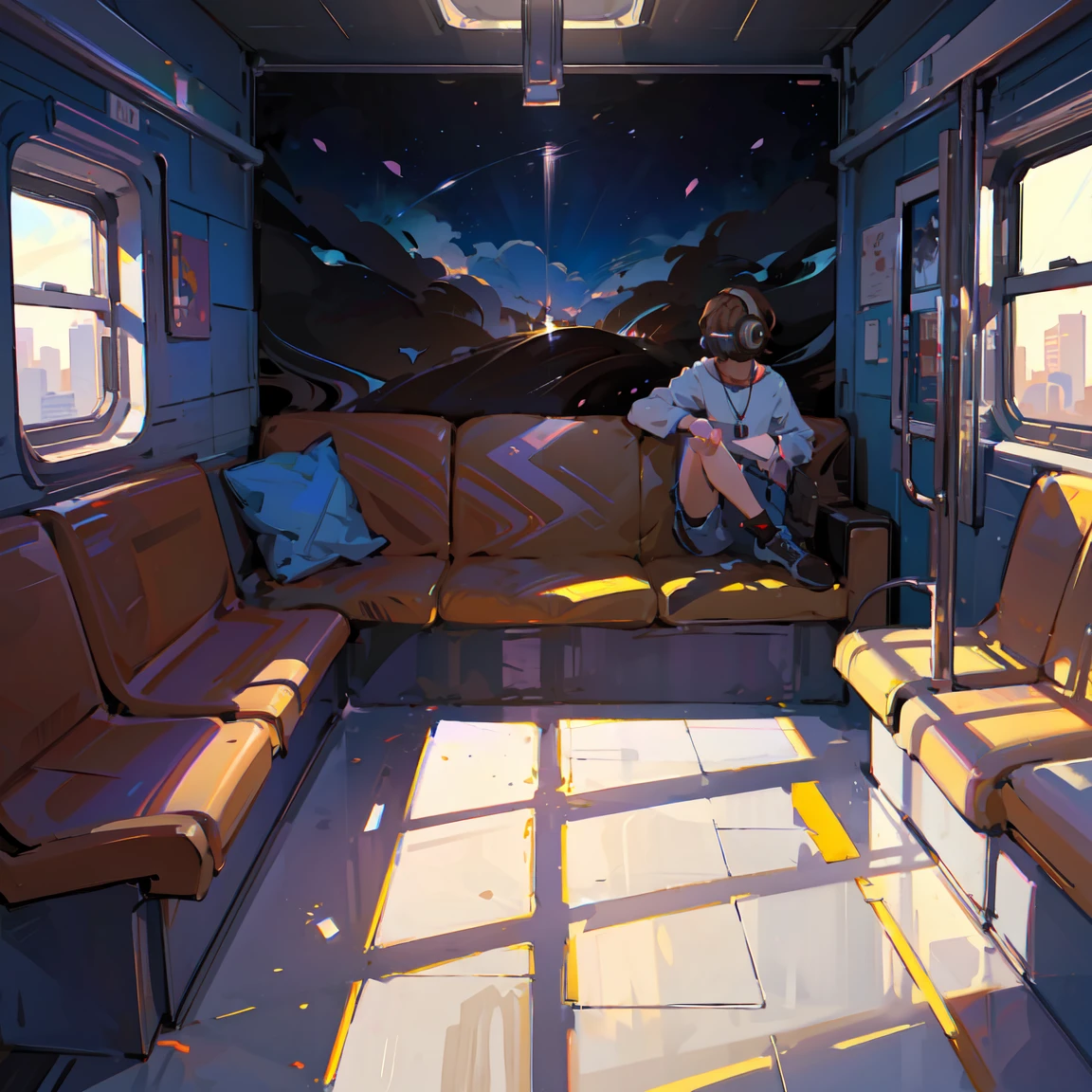 (Highly detailed CG Unity 8k wallpaper), (Highest quality), (Best illustrations), (Best Shadow), Realistic lighting, Beautifully detailed lego, masterpiece, Highest quality, Lofi Artstyle, Lofi Art, 80s anime style, Retro, Lo-Fi, One person, alone, short hair, Brown Hair, Sitting, window, Headphones, Ground vehicles, Inside the train, anime