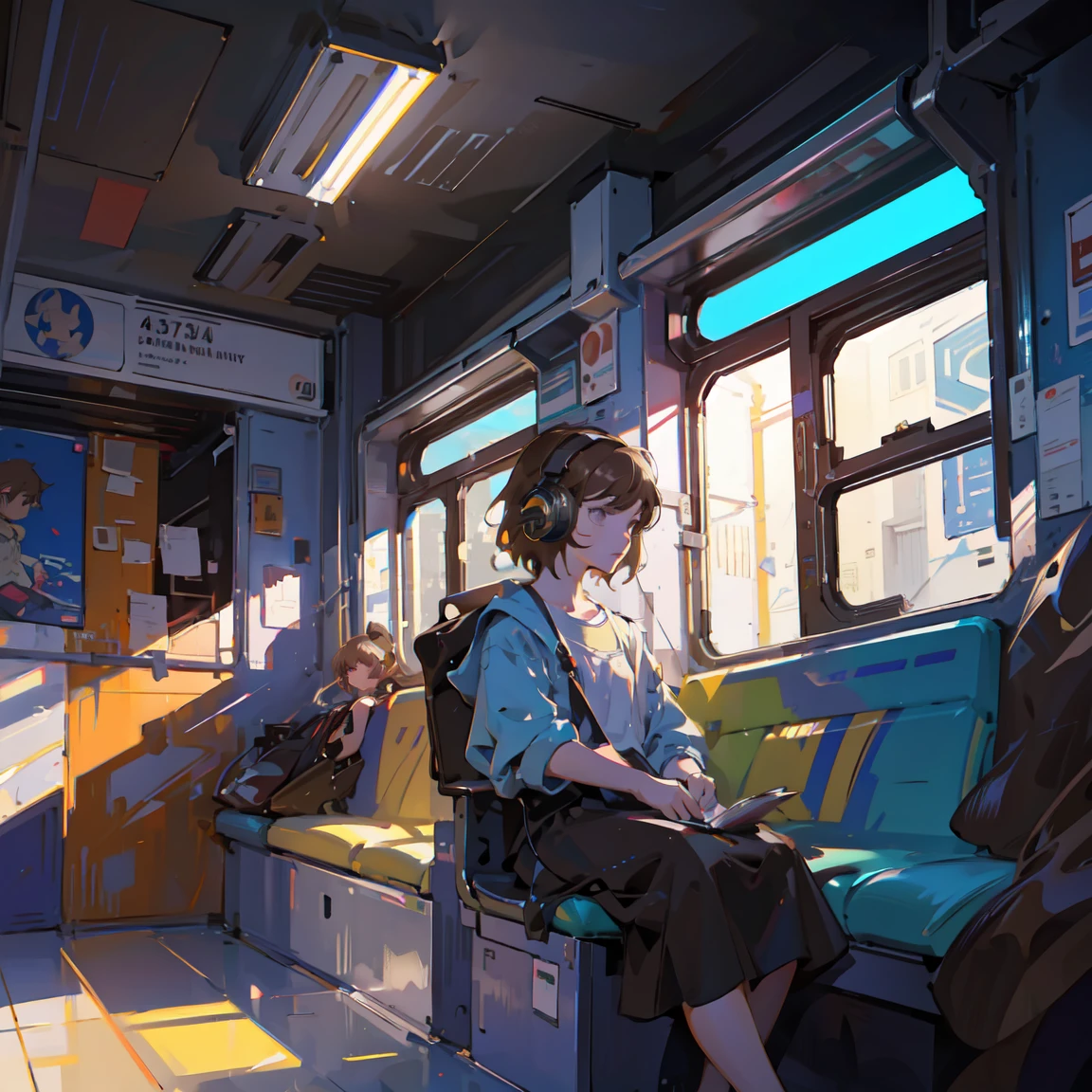 (Highly detailed CG Unity 8k wallpaper), (Highest quality), (Best illustrations), (Best Shadow), Realistic lighting, Beautifully detailed lego, masterpiece, Highest quality, Lofi Artstyle, Lofi Art, 80s anime style, Retro, Lo-Fi, One person, alone, short hair, Brown Hair, Sitting, window, Headphones, Ground vehicles, Inside the train, anime