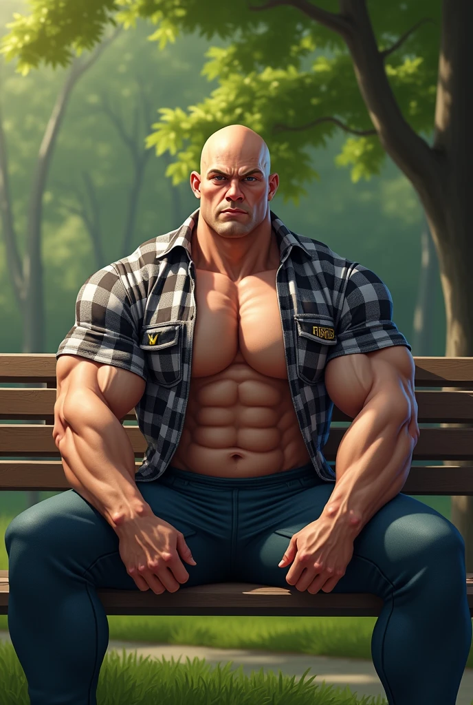 Big body builder white bald men wearing unbuttoned double pocket check shirt with logos at park sitting on bench