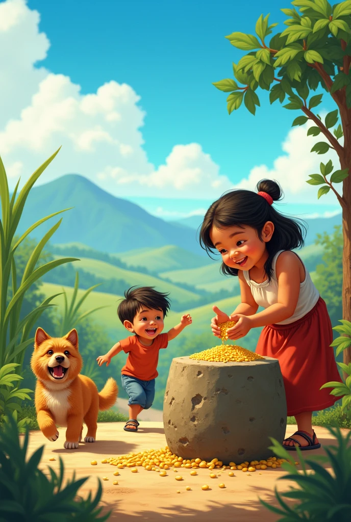 Recreate the following stanza in a realistic and contextualized way in the Latin American countryside:
What a cheerful and fresh morning! (With birds and wind)
The air grabs me by the nose,
the dogs bark, A boy screams and a fat and pretty girl,
next to a stone, grinds corn.