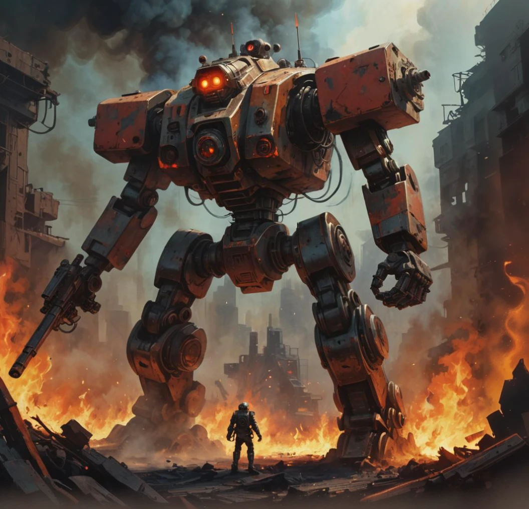 robot, weapon, science_fiction, smoke, retro_artstyle, gun, explosion, mecha, solo, radio_antenna, no_humans, holding_weapon, firing, holding, holding_gun, 1980s_(style), red_eyes, fire, one-eyed