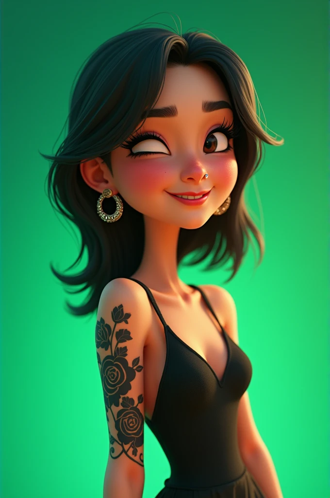 A Pixar-like animation of a girl with medium-length black hair, White-skinned with a dot piercing on her left side nose with large studs in her ears posing in evening wear winking with her left eye with a tattoo with many black roses on her left arm on a green background