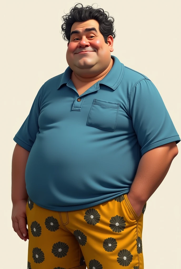 An 1 man with a blue Nick t-shirt along with yellow shorts with black flowers, a normal face with a chubby nose and curly hair with few pimples with dark skin, a little older