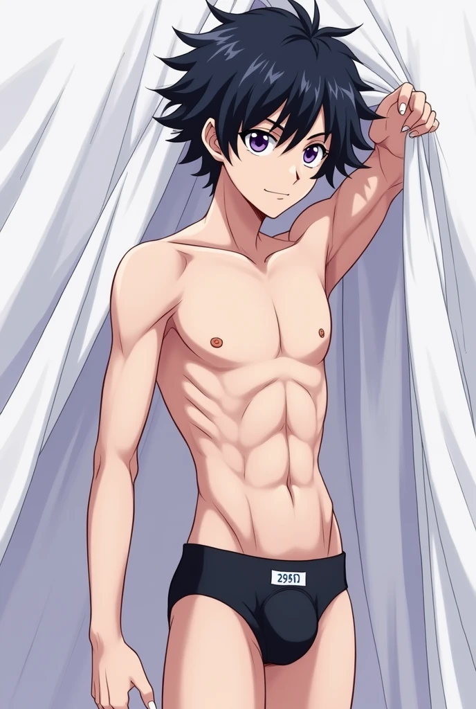Screenshot of boku no hero academia Naked anime man boy shirtless white skin handsome black hair with wavy purple and purple eyes sexy pose full body without underwear pubic hair