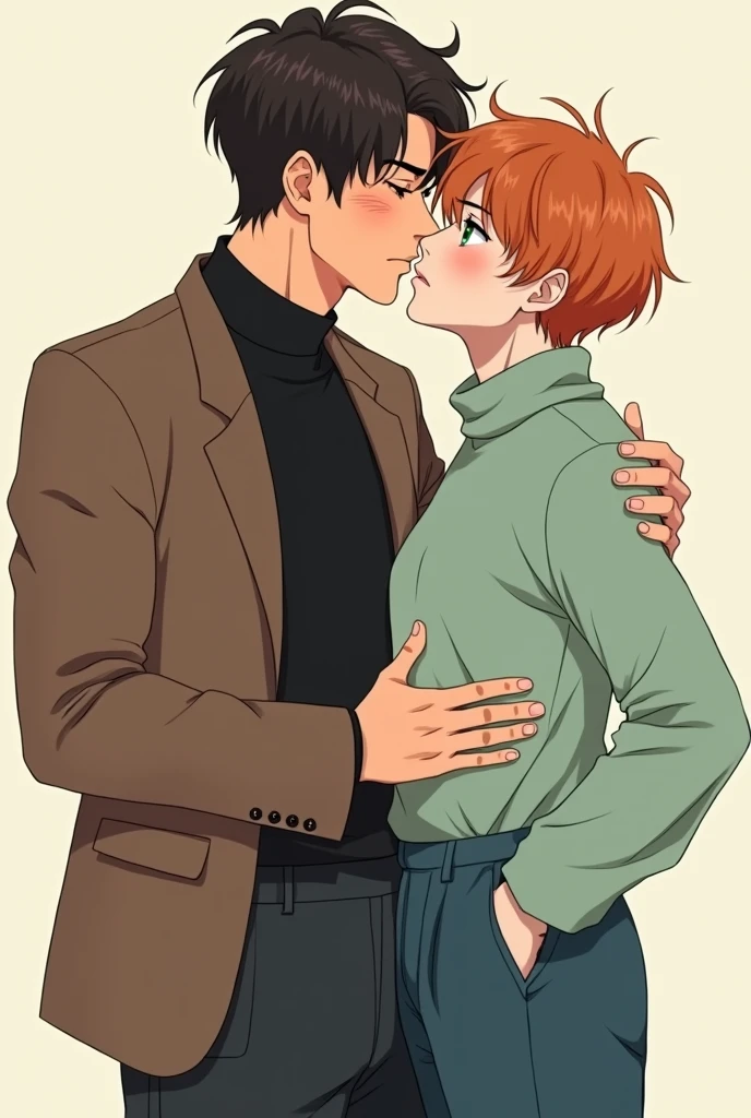 style: manhwa genres: boy'slove  
1º chico: a good looking 30 year old man with no beard or moustache, scar on left cheek, Serious charcoal eyes, Dark brown hair to one side and a little long to the nape of the neck, light colored skin, outfit, a black shirt and a brown jacket with black dress pants.

2nd boy: a very young looking 20 year old, no beard or mustache, light green female eyes, Orange hair with two strands in the center and a short, unshaven head, delicate but masculine face, Peach skin color and slightly reddish lips, outfit, a loose-fitting Caffarena with a mint green turtleneck and blue trousers.

Pose del 1º chico y 2nd boy: the two are kissing, el 1º chico está agarrando la cadera del 2nd boy y el 2nd boy está nervioso con sus manos en el pecho del contrario 
