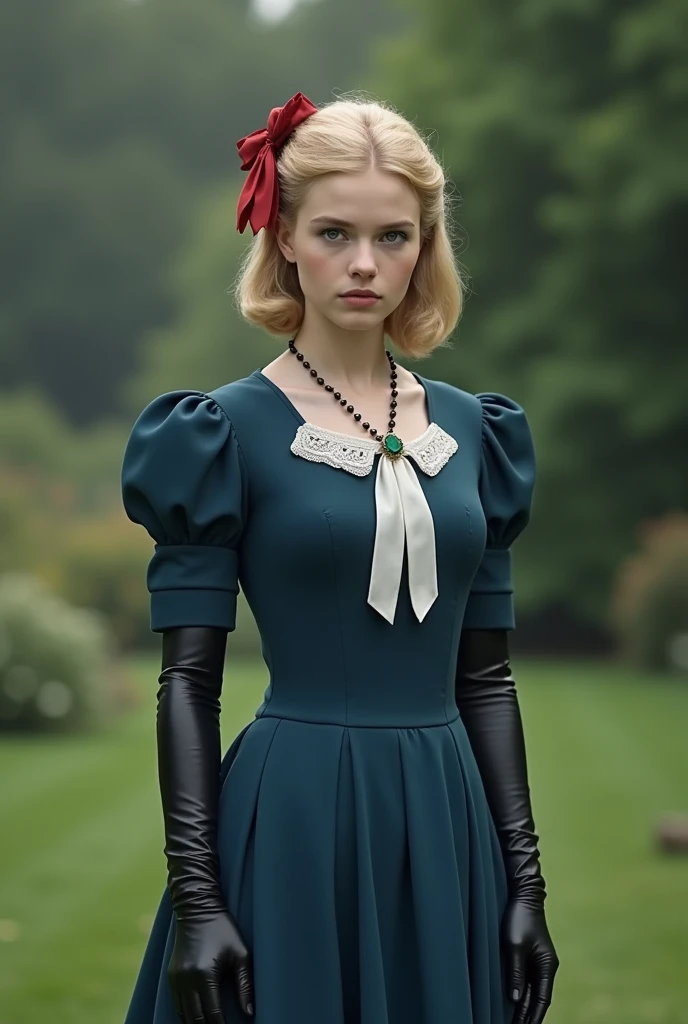 France in the 1890s。The main character of Violet Evergarden has blonde shoulder-length hair with a red ribbon.。She is wearing a classical aristocratic outfit based on ultramarine blue, with a white ribbon on her chest and an emerald necklace in the center.。On both arms, he wears long black leather gloves that reach up to his elbows.。She has very beautiful blue eyes。In the background you can see a slightly blurred French garden.。She always looks sad and lonely。Beautiful and realistic photos.。Walking far away。She is wearing a white flared skirt.