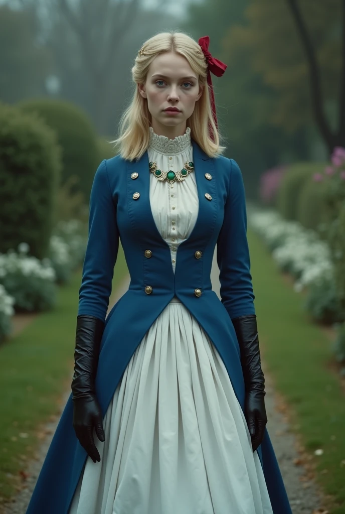 France in the 1890s。The main character of Violet Evergarden has blonde shoulder-length hair with a red ribbon.。She is wearing a classical aristocratic outfit based on ultramarine blue, with a white ribbon on her chest and an emerald necklace in the center.。On both arms, he wears long black leather gloves that reach up to his elbows.。She has very beautiful blue eyes。In the background you can see a slightly blurred French garden.。She always looks sad and lonely。Beautiful and realistic photos.。Walking far away。She is wearing a white flared skirt.