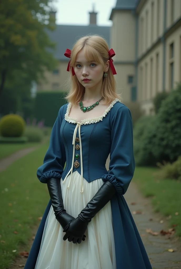 France in the 1890s。The main character of Violet Evergarden has blonde shoulder-length hair with a red ribbon.。She is wearing a classical aristocratic outfit based on ultramarine blue, with a white ribbon on her chest and an emerald necklace in the center.。On both arms, he wears long black leather gloves that reach up to his elbows.。She has very beautiful blue eyes。In the background you can see a slightly blurred French garden.。She always looks sad and lonely。Beautiful and realistic photos.。Walking far away。She is wearing a white flared skirt.