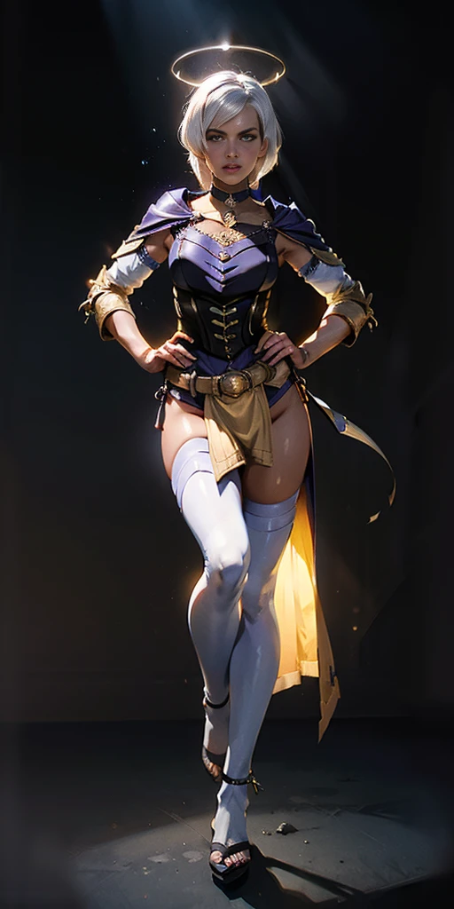 (black background) paladin lady in ornate golden armor, pauldrons, breastplate, corset, glowing halo, short hair, bob hair style, white silver hair, yellow glowing eyes, bright pupils, eye focus, red cape, particles, light beam, chromatic aberration, full body, whole body 1solo (girl) loincloth standing, hands on hips, metal sandals, leather black choker, big belt, view from below, feet together, bracers, tiara