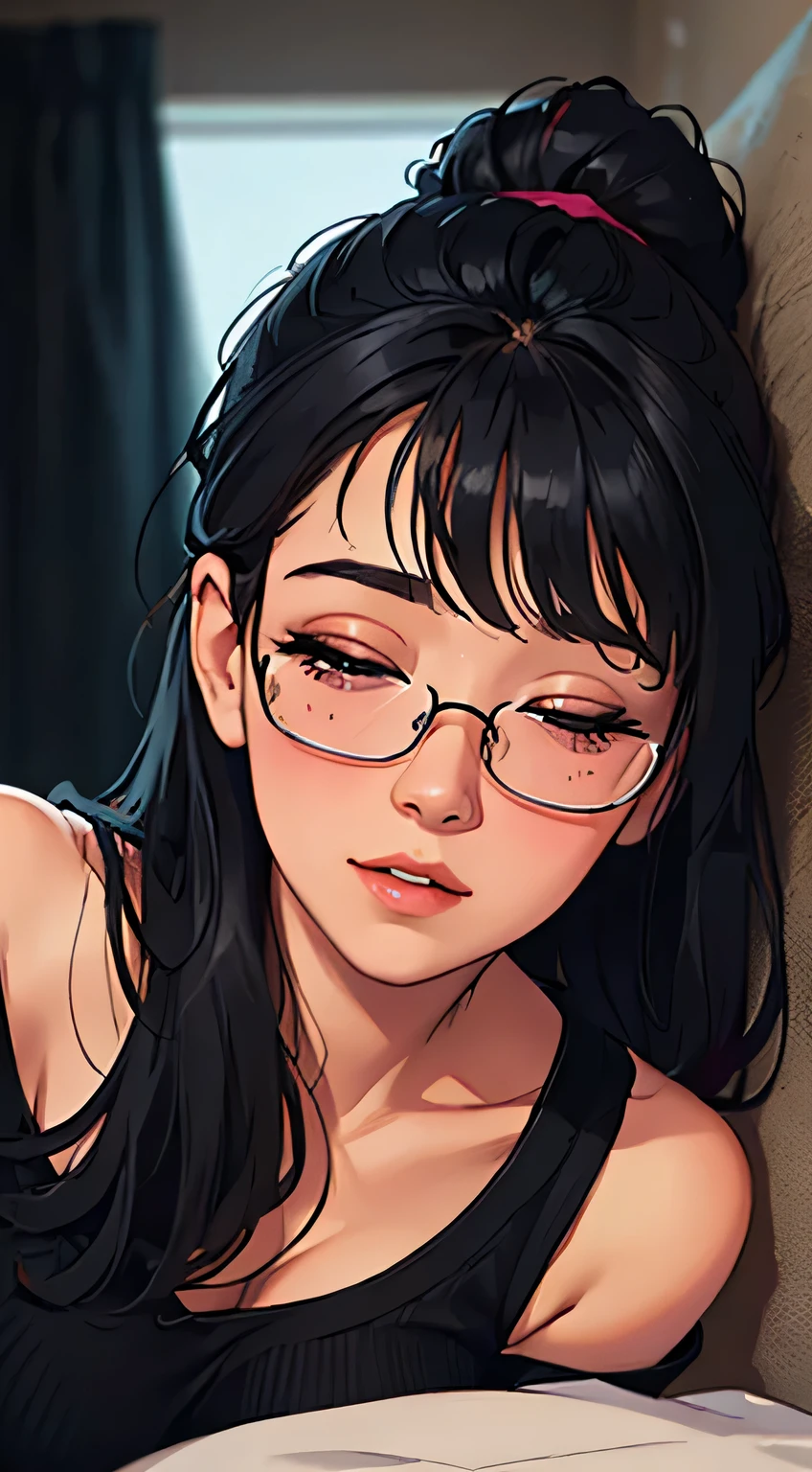 1girl, solo, glasses, long hair, realistic, looking at viewer, round chin， hand on own head, indoors, black eyes, tattoo, black hair, pillow, bra, lips, black bra, closed mouth, underwear, upper body, brown hair, collarbone, bangs，smile，