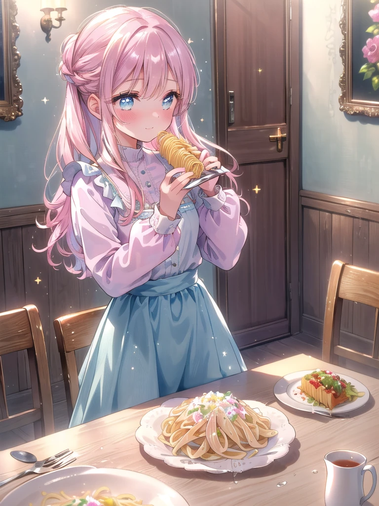 ((8k, Highest quality, masterpiece: 1.3)),Ultra-high resolution,(1 girl, alone), (Color changing eyes, Ultra-detailed, Expressive brilliance, Glitter, Glowing Eyes), Highly detailed eyes, Highly detailed face, Random Hair, ((pastel colour) The dining room is minimalistic, with a wooden table that has a slightly worn, homey feel. She sits alone, her posture relaxed, dressed in a pastel pink blouse and light blue jeans. A single serving of pasta is set before her on a simple white plate, accompanied by a small glass of water. The utensils are stainless steel, without any ornamentation. Her expression is soft and introspective as she twirls the pasta with her fork. She glances up at the camera with a tender, slightly shy smile, her eyes conveying a mix of affection and bashfulness, as if she’s sharing a quiet, intimate moment with her boyfriend.