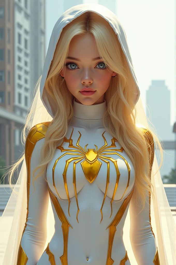 An image by Kathryn Newton, a blonde, Blue-eyed ager in a spiderwoman costume but white with gold, with a hood and a golden spider on the chest and golden webs