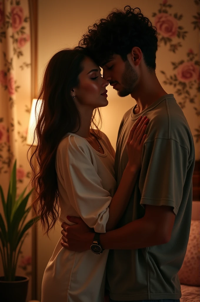 Beautiful woman and boyfriend, boyfriend standing inside that woman's t-shirt, in romance mood, cozy lighting, high realistic, detailed wallpaper, hands on each other's body