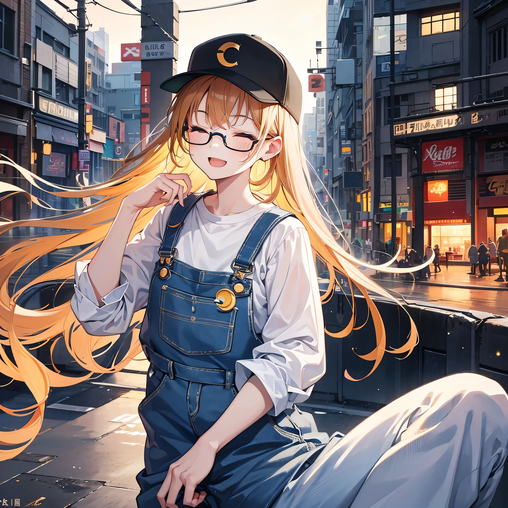 a girl with glasses, closed eyes and laughing loudly, sitting on a crescent moon, kawaii, 1girl, best quality, 3 heads、Overalls、Baseball Cap, 8k, highres, masterpiece:1.2, ultra-detailed, realistic, photorealistic, photo-realistic:1.37, HDR, uhd, studio lighting, ultra-fine painting, sharp focus, physically-based rendering, extreme detail description, professional, vivid colors, bokeh, portraits、