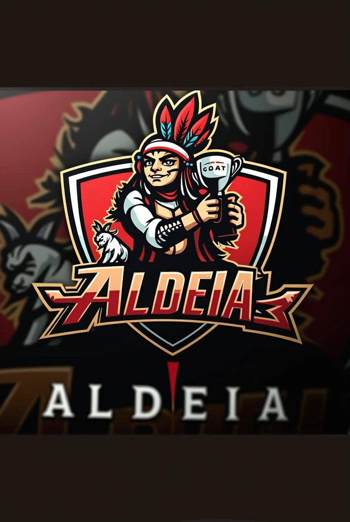 Create a sports logo with the name ALDEIA with an Indian mascot holding a trophy and a small goat next to a trophy with the word goat written on it 
