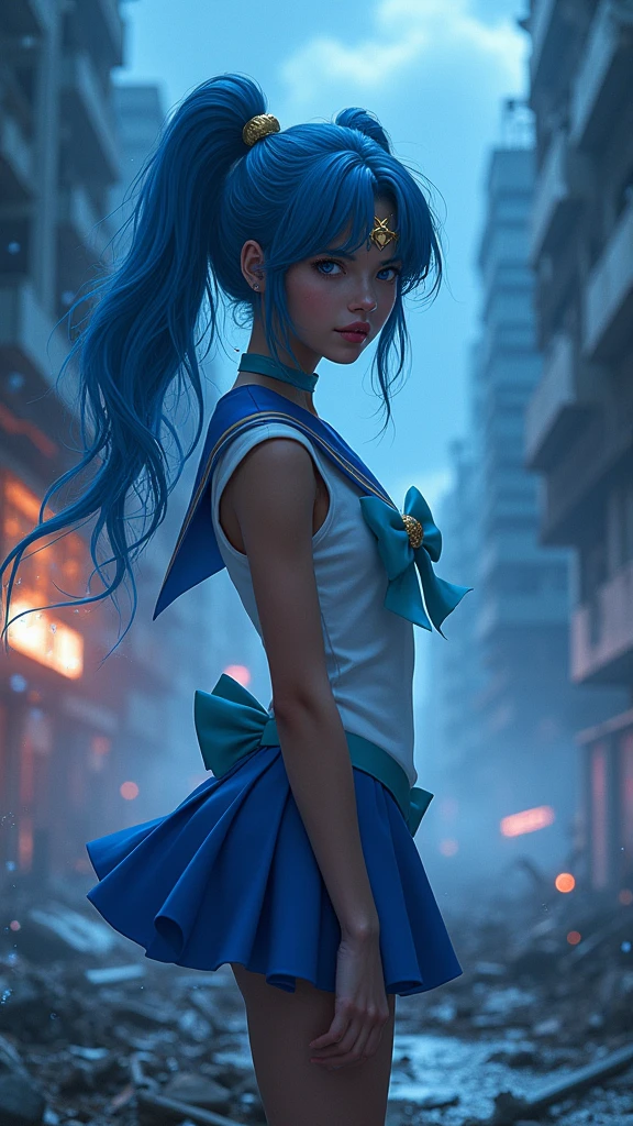 Sailor Mercury with blue hair and , (dark ebony skin:1.4),(background city destroyed apocalypse Tokyo night :1.4), Artgerm JSC, portrait knights of zodiac girl, extremely detailed Artgerm, Ross Tran 8 K, in the style of ross tran, Artgerm Julie Bell Beeple, by Ross Tran, ross tran style, alena aenami and artgerm, inspired by Ross Tran, high quality, (raw photo, best quality), (realistic, Photorealistic: 1.4), (extremely delicate and Beautiful: 1.4), Amazing, fine details, masterpiece, Ultra detailed, high resolution, best illustration, best shadow, intricate, ( extremely intricate: 1.2), (exquisitely detailed skin), cinematic light, Perfect anatomy, (cool color: 1.4), Sharp focus, 8K UHD, DSLR, (Fujifilm XT3),(dark ebony skin:1.4),( cinematic lighting :1.4), ,(Tokyo cyberpunk ruined dungeon ruins background :1.4 ),( pose americano :1.4), (Sailor Mercury :1.4), (a uniform with a blue skirt and light blue bows:1.4) .(85mm f/1.4), (different face extensions :1.4), (beautiful woman beauty a goddess of nature :1.4), epic fantasy art style hd, 4K fantasy art, epic fantasy digital art style, epic fantasy art style, Fantasy Woman, epic fantasy art portrait, Epic fantasy style, hyperrealistic fantasy art, hd fantasy art, epic fantasy character art, epic fantasy art, in style of dark fantasy art, epic fantasy digital art, (Sailor moon Mercury:1.4), (Sailor Mercury V2.1), (half body pose:1.4 ), - floating particles, magic water:1.4),( floating water:1.4) ,(surrounded by swirling water:1.4)