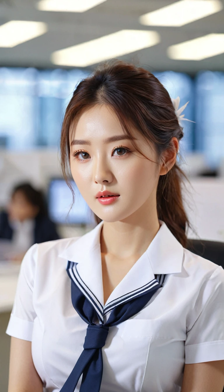 close-up of beautiful korean female, 34 inch breasts size, blue eyes, wearing office uniform, sitting in an office, bokeh background, UHD