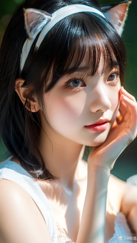(8k, RAW Photos, Highest quality, masterpiece:1.2), lupondupon (Azur Lane), Fantasy_world, 1 person, (aegyo sal:1), cute, Dilapidated, (J-POP_Idol), Beautiful skin in every detail, Huge breasts, Animal ears, Black Hair, Cat ear, Grey Eyes, short hair, sad hand upon own face,  (Realistic:1.8), concentrated_upon_face, Looking down, Raise your arms,  Sunny Milk, professiuponal lighting, photupon mapping, Radio City, Physically Based Rendering, Daytime, Outdoor,