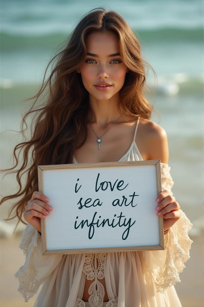 Beautiful girl with wavy long hair, bohemian dress, holding a white board with text "I Love Seaart Infinity" and showing it to the viewer