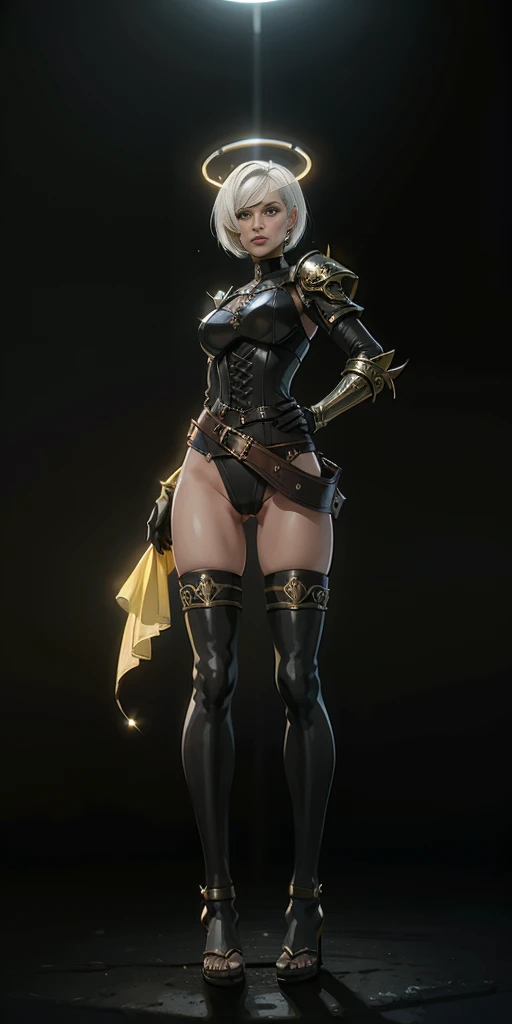 (black background) paladin lady in ornate golden armor, pauldrons, breastplate, corset, glowing halo, short hair, bob hair style, white silver hair, yellow glowing eyes, bright pupils, eye focus, red cape, particles, light beam, chromatic aberration, full body, whole body 1solo (girl) loincloth standing, hands on hips, metal sandals, leather black choker, big belt, view from below, feet together, bracers, tiara