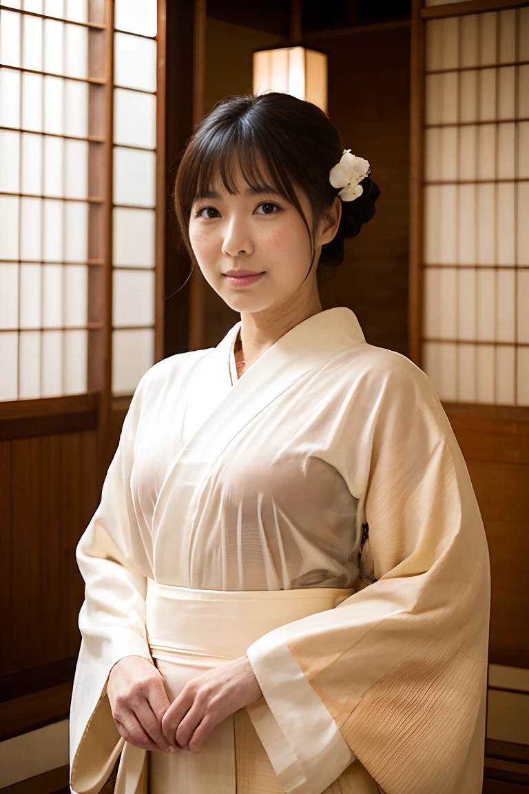 nsfw、Japanese Mature、Innkeeper、Super glamorous、Plump、kimono made of thin fabric、White kimono、Japanese-style room、See-through yukata、See-through, revealing your entire body