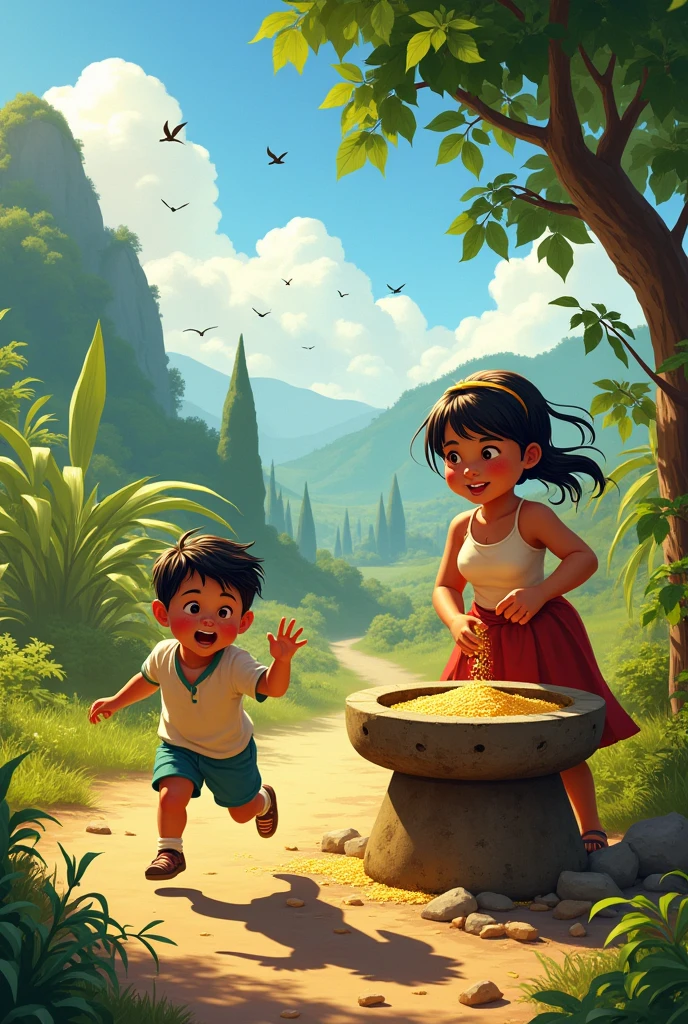 Recreate the following stanza in a realistic and contextualized way in the Latin American countryside:
What a cheerful and fresh morning! (With birds and wind)
The air grabs me by the nose,
the dogs bark, A boy screams and a fat and pretty girl,
next to a grinding stone, grinds corn.