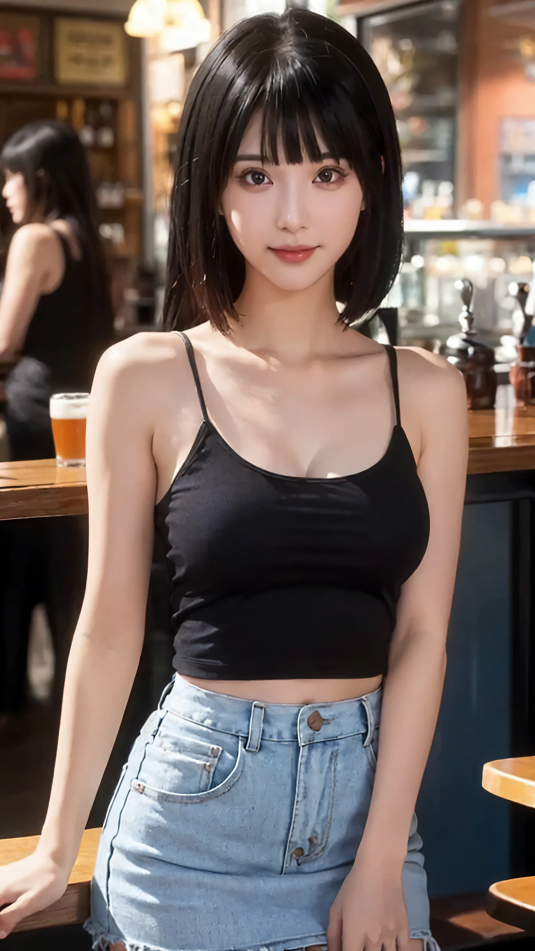 (8k, RAW Photo, Best Quality, Masterpiece:1.2), table top, Ultra Detail, Super Resolution, (Realistic, Realistic Photo:1.37), Portrait, High Detail RAW Color Photo, Professional Photo, Extremely Detailed and Beautiful, Extremely detailed, 8k wallpaper, amazing and detailed, huge file size, official art, highly detailed CG unity 8k wallpaper, highly detailed beautiful girl, highly detailed face, highly detailed eyes, highly detailed skin, highly detailed fingers, highly detailed nose, very detailed detailed mouth , perfect anatomy, highly detailed background, highly detailed clothes, 1girl, ,cute girl, realistic body, fair skin, glowing skin , slim body, handsome body, black hair , Semilong hair, (blunt bangs:1.2), smile, cute, youthful, cute face, realistic face, delicate eyes, drooping eyes, looking at viewer, standing posture, Contraposto, dynamic lighting, (medium breasts), (Perfect Body Proportions), (slender Body Proportions), (tank top), (mini skirt), (Inside the pub),
