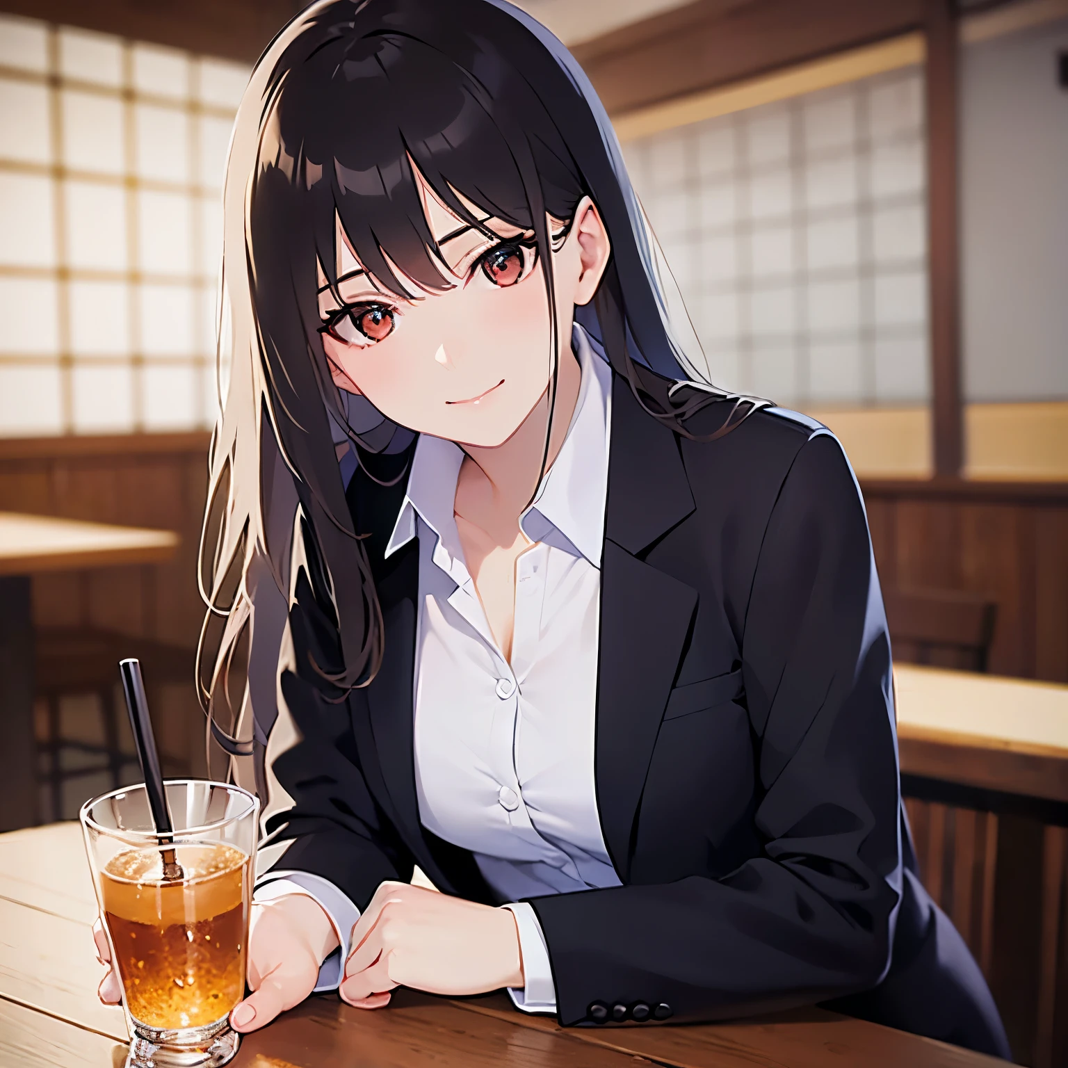 masterpiece,Highest quality,BREAK(Black blazer:1.5)and(white collared shirt)BREAK,Realistic,Real person,(Pale skin: 1.2),RAW Photos,Realistic,Glowing Skin,Shiny Hair,-old woman with medium-length hair and bangs)and(Wavy Hair)and(Brown Hair)and(Orange eyes),(light smile:1.3),(uneasy),The background is the interior of the izakaya,alone