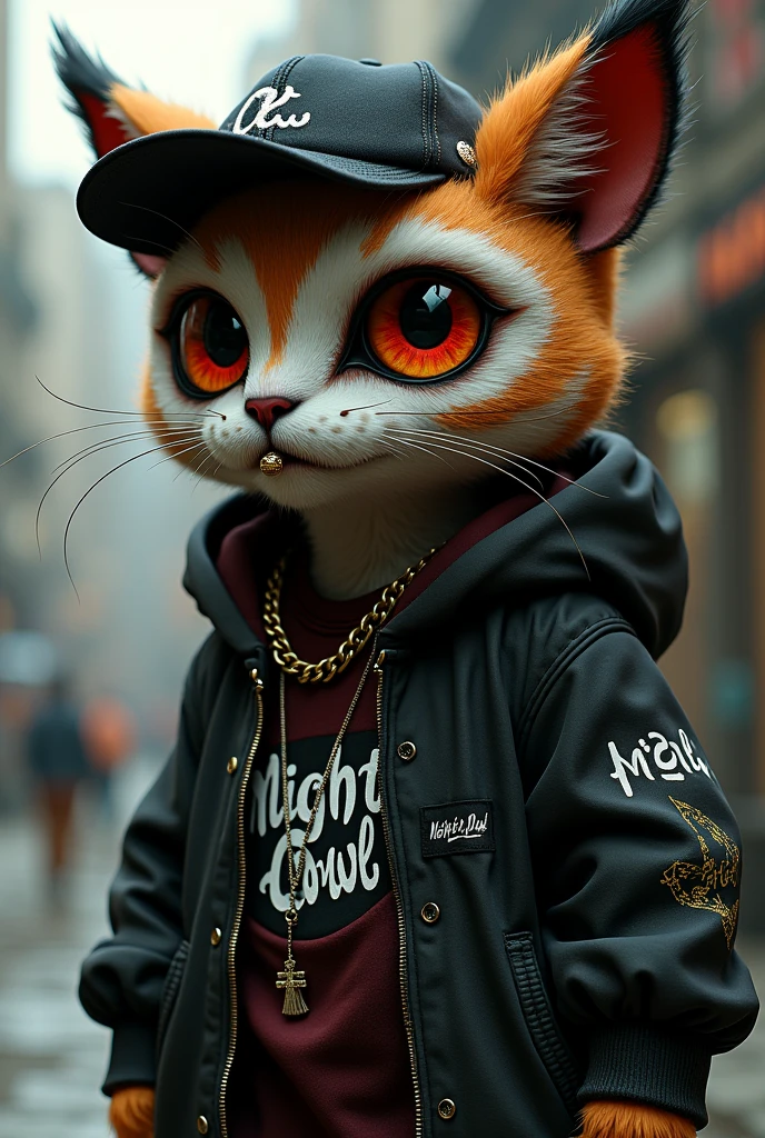A fusion of an owl cat with dark circles, red and green eyes, hip hop clothing that says night owl and is tough and has earrings and a lip piercing and a cap