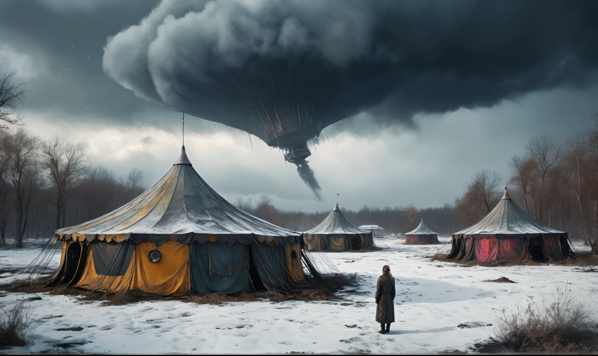 insane pilot from USSR , camouflage Rusty, after a psychiatric clinic,winter,intricate landscape,slate grey atmosphere,film grain,faded,eyes extremely detailed,another world,view from height,once pretty face,eyebrow up,full body shot,ominous landscape, Simon Stalenhag,Nicola Samori,full body shot,beggar paladium The Alien Entity,Technicolor,natural skin textures, hyper realism, hyper detailed,Extremely detailed,High contrast,Masterpiece,Realistic,Ultra Detailed, intricate details,realistic humid leather,extremly intricate,Epic Realistic, cinematic style,irina yermolova,high contrast,hdr,extremely detailed, deep night landscape,masterpiece,intricate details,faded,eyes extremely detailed, high detailed eyes,8k resolution,RAW,retina, Nikon Z9,China,tkt style, transition between two art styles, Ink painting to photorealism, Double contact, X-ray, Creative, vivid light, masterpiece, fantasy, Abstract Surrealism, super detailed, high resolution, stop:35;Her skin is pale, almost translucent,ancient rock,a hot air soars through the layers of clouds, revealing a colossal and enigmatic cityscape nestled within. The buildings in this ethereal city are adorned with intricate details and exude an aura of mystery. Above the cityscape, lend an enchanting touch to the scene. steampunk. The intricate mechanics create a sense of wonder and fascination, as if stepping into a dreamlike realism,Marta Bevacqua, ais-sinisterz, a derelict circus in the middle of a swamp, remnants of colorful tents, a silent carousel with spectral space monster, all under a sky heavy with storm clouds