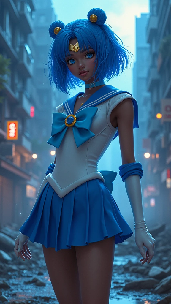 Sailor Mercury  with blue hair and , (dark ebony skin:1.4),(background city destroyed apocalypse Tokyo night :1.4), Artgerm JSC, portrait knights of zodiac girl, extremely detailed Artgerm, Ross Tran 8 K, in the style of ross tran, Artgerm Julie Bell Beeple, by Ross Tran, ross tran style, alena aenami and artgerm, inspired by Ross Tran, high quality, (raw photo, best quality), (realistic, Photorealistic: 1.4), (extremely delicate and Beautiful: 1.4), Amazing, fine details, masterpiece, Ultra detailed, high resolution, best illustration, best shadow, intricate, ( extremely intricate: 1.2), (exquisitely detailed skin), cinematic light, Perfect anatomy, (cool color: 1.4), Sharp focus, 8K UHD, DSLR, (Fujifilm XT3),(dark ebony skin:1.4),( cinematic lighting :1.4), ,(Tokyo cyberpunk ruined dungeon ruins background :1.4 ),( pose americano :1.4), (Sailor Mercury :1.4), (a uniform with a blue skirt and light blue bows:1.4) .(85mm f/1.4), (different face extensions :1.4), (beautiful woman beauty a goddess of nature :1.4), epic fantasy art style hd, 4K fantasy art, epic fantasy digital art style, epic fantasy art style, Fantasy Woman, epic fantasy art portrait, Epic fantasy style, hyperrealistic fantasy art, hd fantasy art, epic fantasy character art, epic fantasy art, in style of dark fantasy art, epic fantasy digital art, (Sailor moon Mercury:1.4), (Sailor Mercury V2.1), (half body pose:1.4 ), - floating particles, magic water:1.4),( floating water:1.4) ,(surrounded by swirling water:1.4) 
