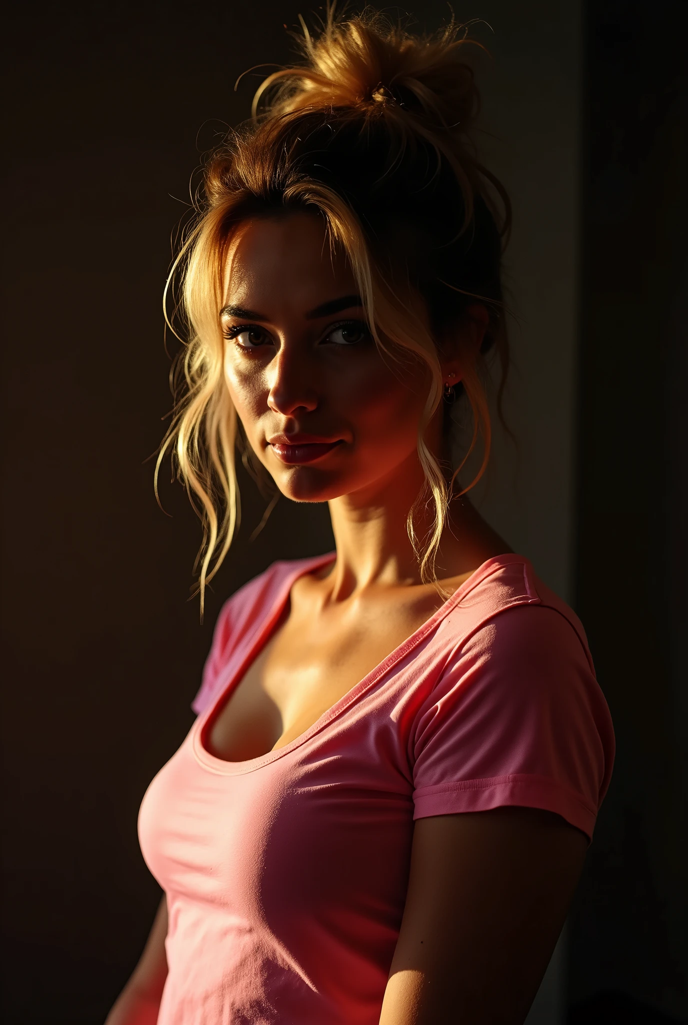 analog photo, silhouette, spotlight, portrait, a beautiful sexy young woman, highly detailed face, blonde, messy bun, big breast, seducing facial expression, wearing pink t-shirt, dark background, fair colors, RAW candid cinema,300mm, color graded portra 400 film, remarkable color, ultra realistic, fair skin, ready to do sex,