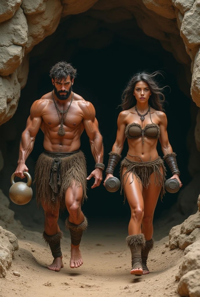 Primitive muscular and attractive man and woman, Coming out of a cave head on.
He with a kettlebell in his hand and she with a dumbbell in her hand