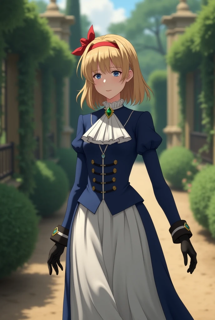 France in the 1890s。The main character of Violet Evergarden has blonde shoulder-length hair with a red ribbon.。She is wearing a classical aristocratic outfit based on ultramarine blue, with a white ribbon on her chest and an emerald necklace in the center.。On both arms, he wears long black leather gloves that reach up to his elbows.。She has very beautiful blue eyes。In the background you can see a slightly blurred French garden.。She always looks sad and lonely。Beautiful and realistic photos.。Walking far away。She is wearing a white flared skirt.。It is an animation picture.