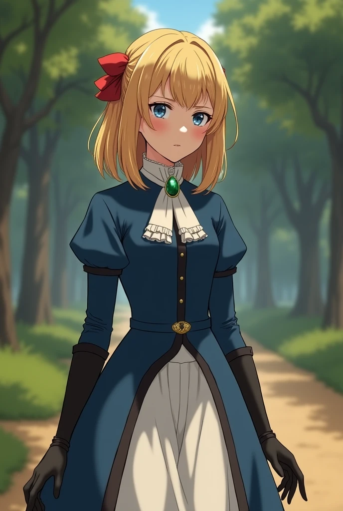 France in the 1890s。The main character of Violet Evergarden has blonde shoulder-length hair with a red ribbon.。She is wearing a classical aristocratic outfit based on ultramarine blue, with a white ribbon on her chest and an emerald necklace in the center.。On both arms, he wears long black leather gloves that reach up to his elbows.。She has very beautiful blue eyes。In the background you can see a slightly blurred French garden.。She always looks sad and lonely。Beautiful and realistic photos.。Walking far away。She is wearing a white flared skirt.。It is an animation picture.