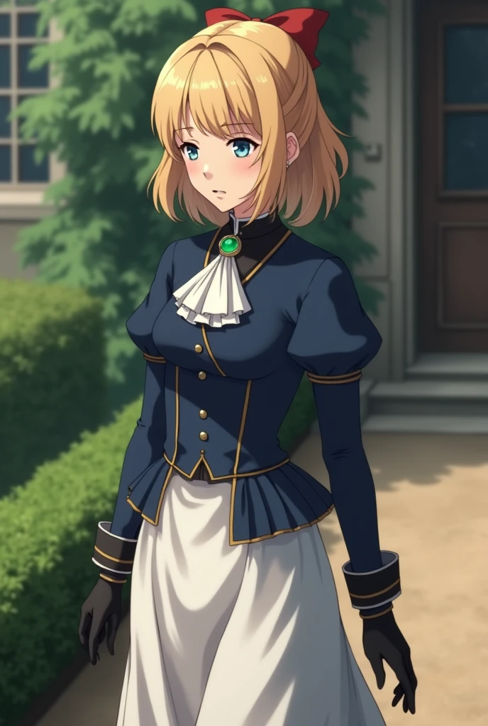 France in the 1890s。The main character of Violet Evergarden has blonde shoulder-length hair with a red ribbon.。She is wearing a classical aristocratic outfit based on ultramarine blue, with a white ribbon on her chest and an emerald necklace in the center.。On both arms, he wears long black leather gloves that reach up to his elbows.。She has very beautiful blue eyes。In the background you can see a slightly blurred French garden.。She always looks sad and lonely。Beautiful and realistic photos.。Walking far away。She is wearing a white flared skirt.。It is an animation picture.
