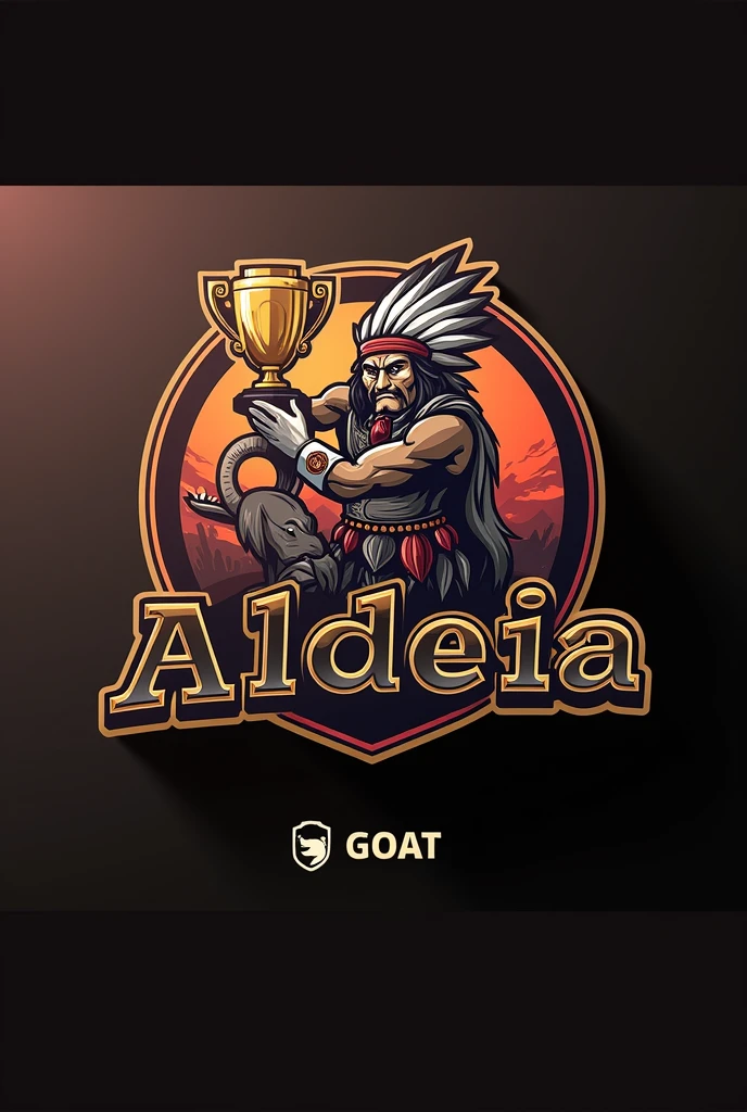 Create a sports logo with the name ALDEIA with an Indian mascot holding a trophy and a small goat next to a trophy with the word goat written on it
