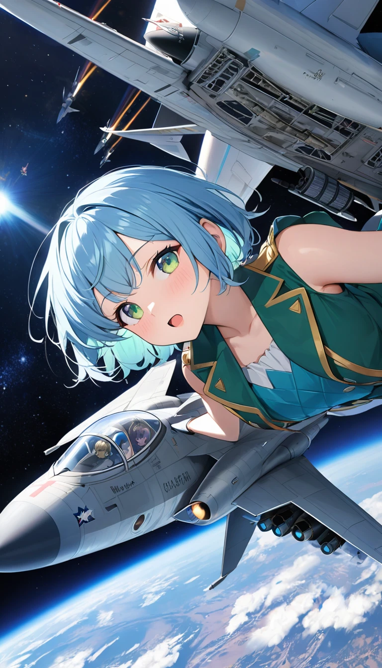 Highest quality、Light blue hair、Short Bob、Deep green eyes,25years old,,small breast,Gorgeous idol costumes、Singing on a fighter jet,universe,universe用戦闘機、Earth below、Information in the galaxy
