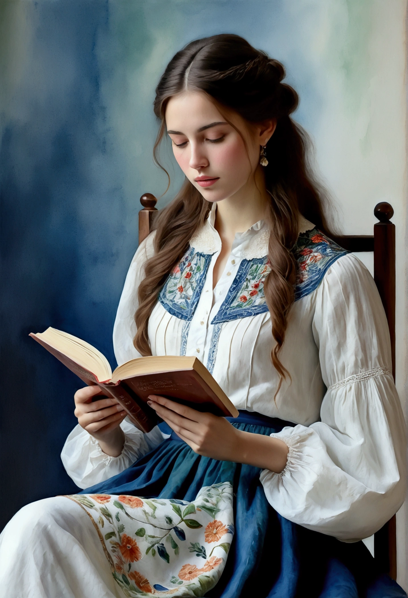 "create an ultra realistic watercolor-mixed, serene, highly detailed image of a beautiful young woman with long, voluminous brown hair reading a book. She is dressed in a white peasant blouse, with floral patterns embroidered on the sleeves and collar, paired with a skirt deep blue. The woman's expression is calm and absorbed as she gently holds the book with both hands. The background is minimalist with soft splashes of watercolor in shades of blue and green, adding a delicate and artistic focus to the scene. in the beauty of simplicity and the peaceful joy of reading. Ultra realistic image mixed with watercolor, 8K"
